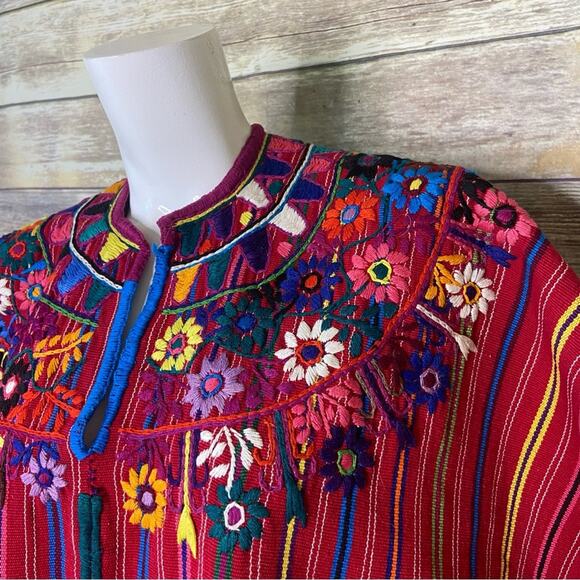 VINTAGE RED GUATEMALAN HAND LOOMED KAFTAN FLORAL EMBROIDERED HUIPIL DRESS - Picture 7 of 7